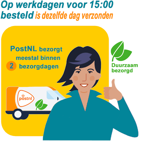 Op werkdagen voor 15:00 besteld is dezelfde dag bij PostNL