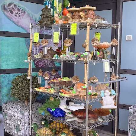 De verrijdbare winkelstelling van het Schildpaddencentrum vol met schildpad souvenirs